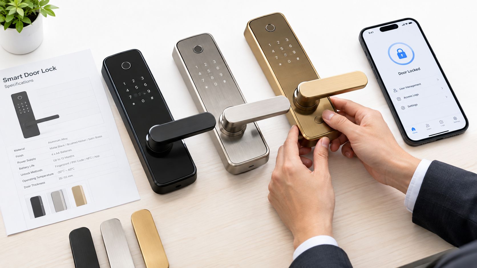 A person holds a gold smart door lock next to black and silver models and a smartphone app.