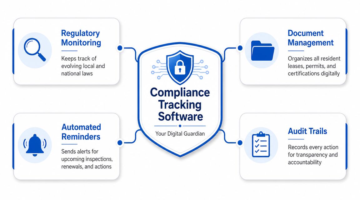 A diagram illustrating the four key features of compliance tracking software for property management and operations.