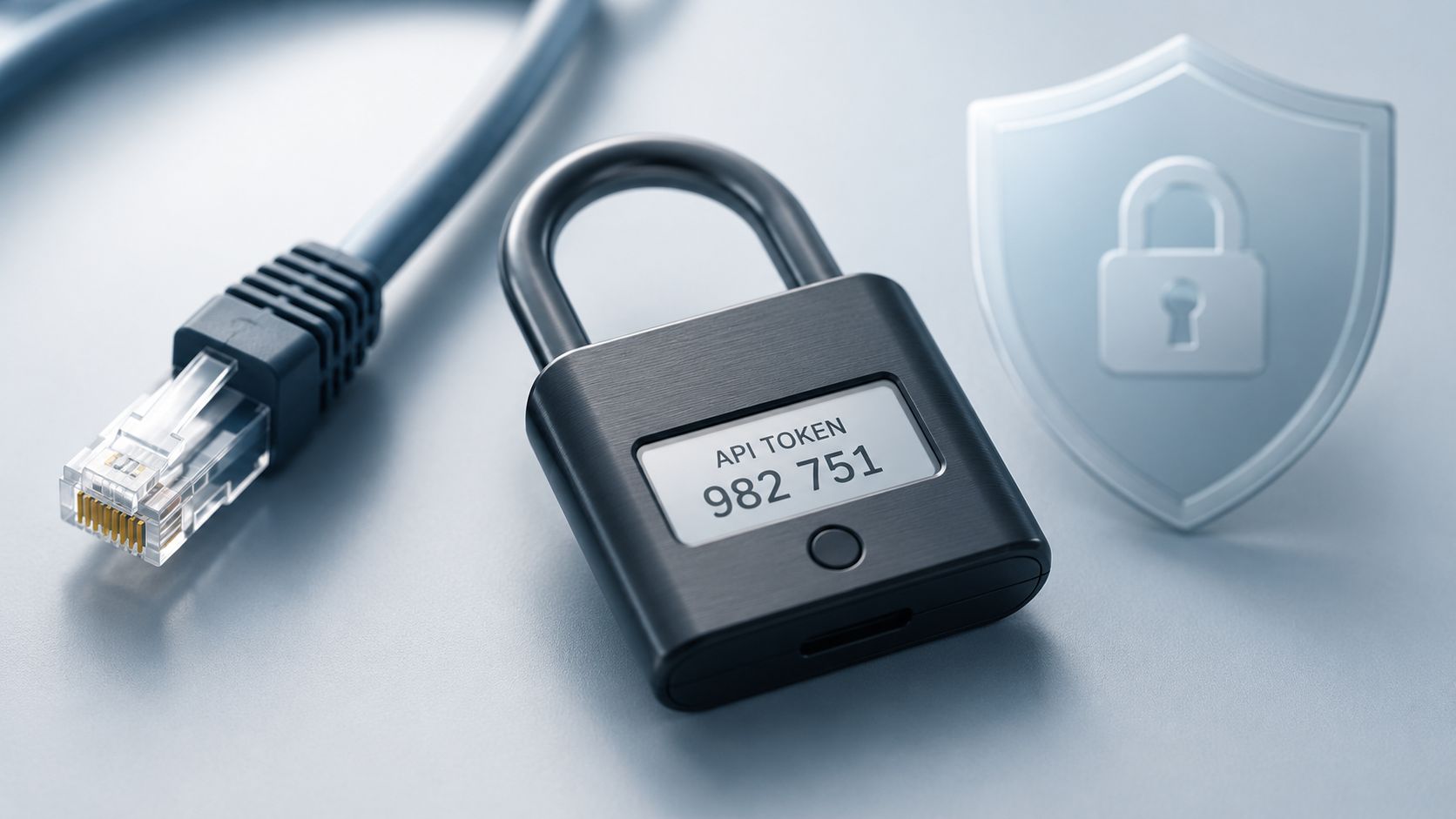 A digital padlock displaying an API token connected to an Ethernet cable, symbolizing secure software network integration.