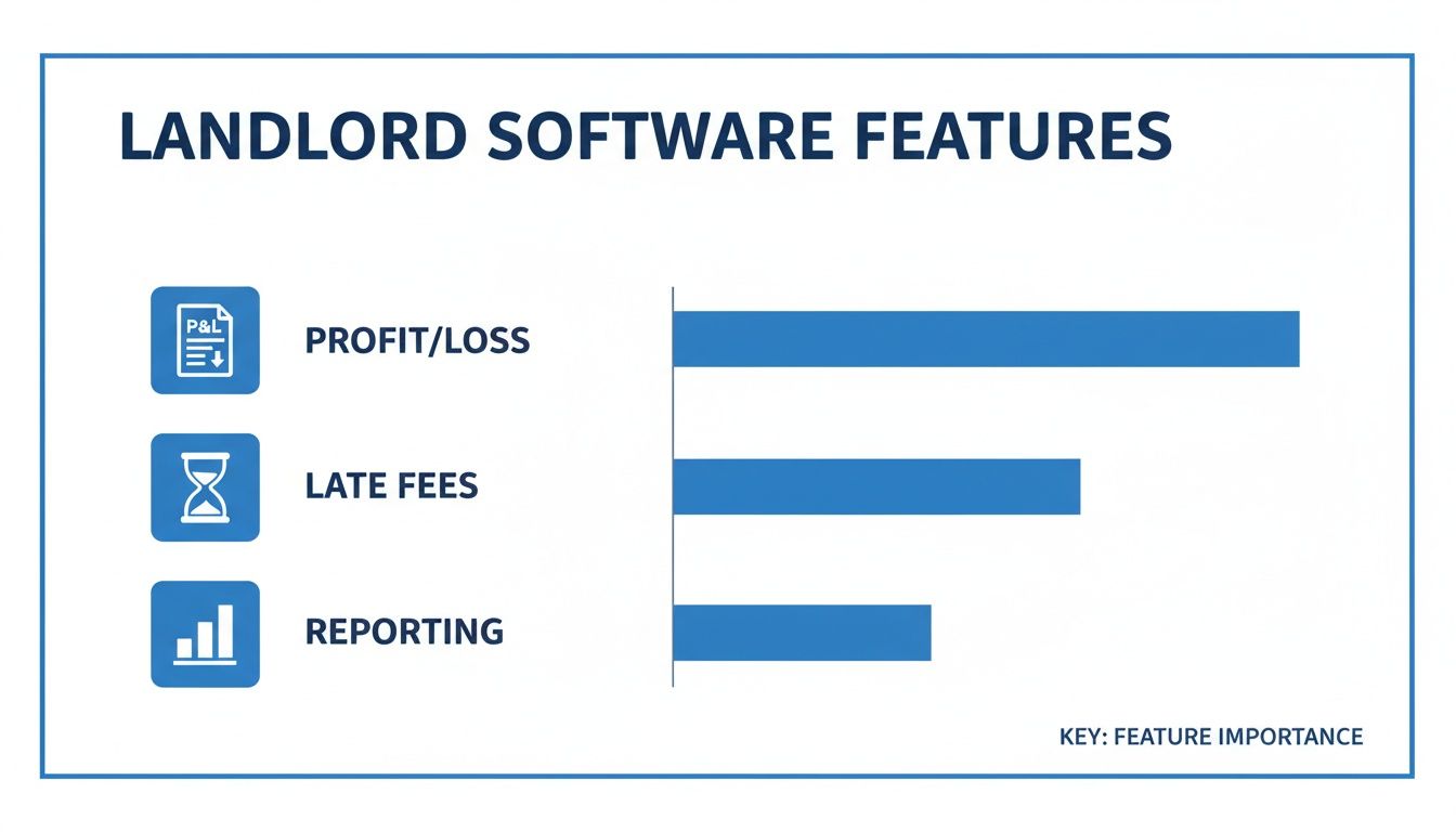 Bar chart illustrating landlord software feature importance for Profit/Loss, Late Fees, and Reporting.