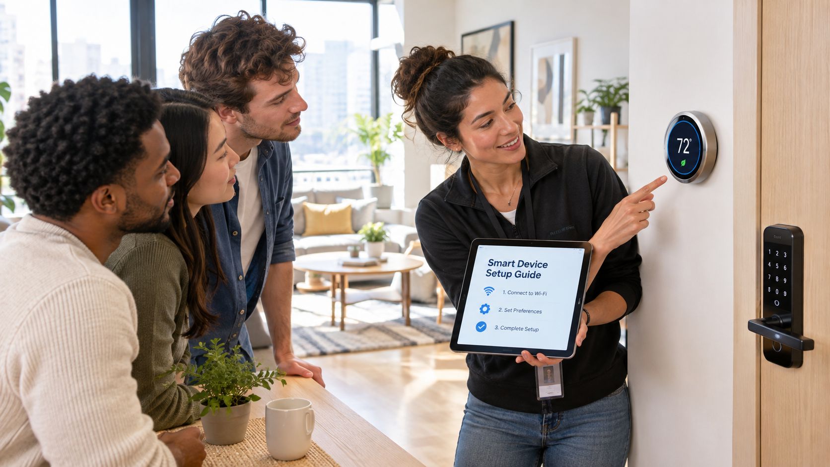 A professional technician guiding three people on how to use a smart home thermostat on the wall.