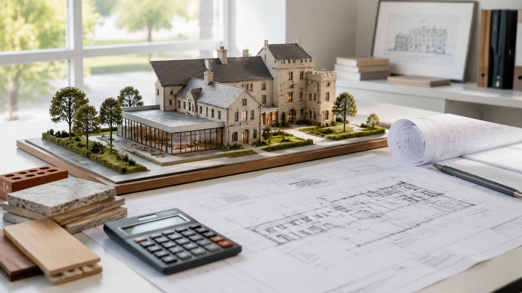An architectural model of a castle-style building sits on a desk with blueprints, a calculator, and material samples.