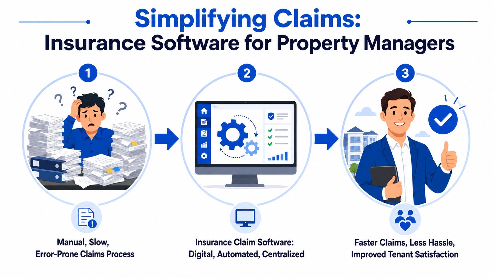 A three-step infographic showing the transition from manual insurance claims to automated software for property managers.