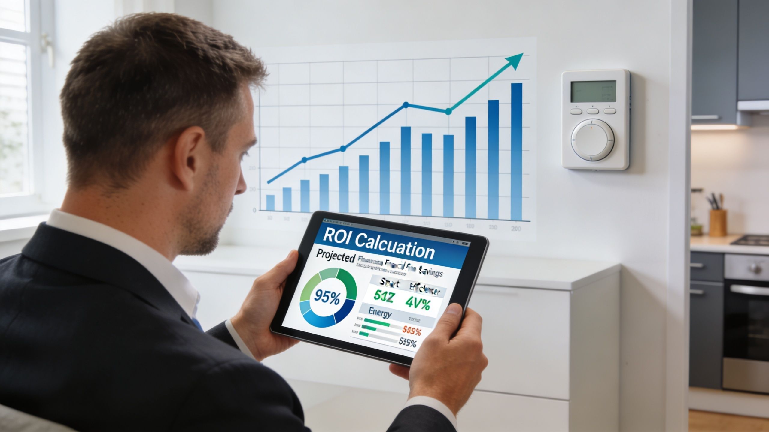 A professional man holding a tablet reviewing data on energy savings and ROI from a smart thermostat.