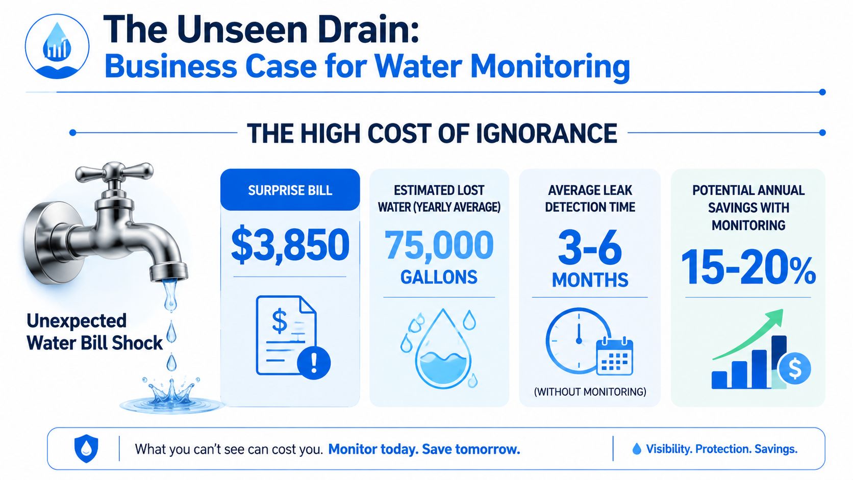 An infographic titled The Unseen Drain highlighting the high financial costs and water loss from undetected leaks.