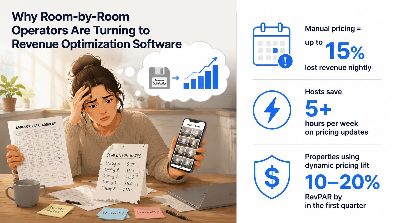 A woman looks stressed while managing rental property pricing manually using spreadsheets and handwritten competitor lists.