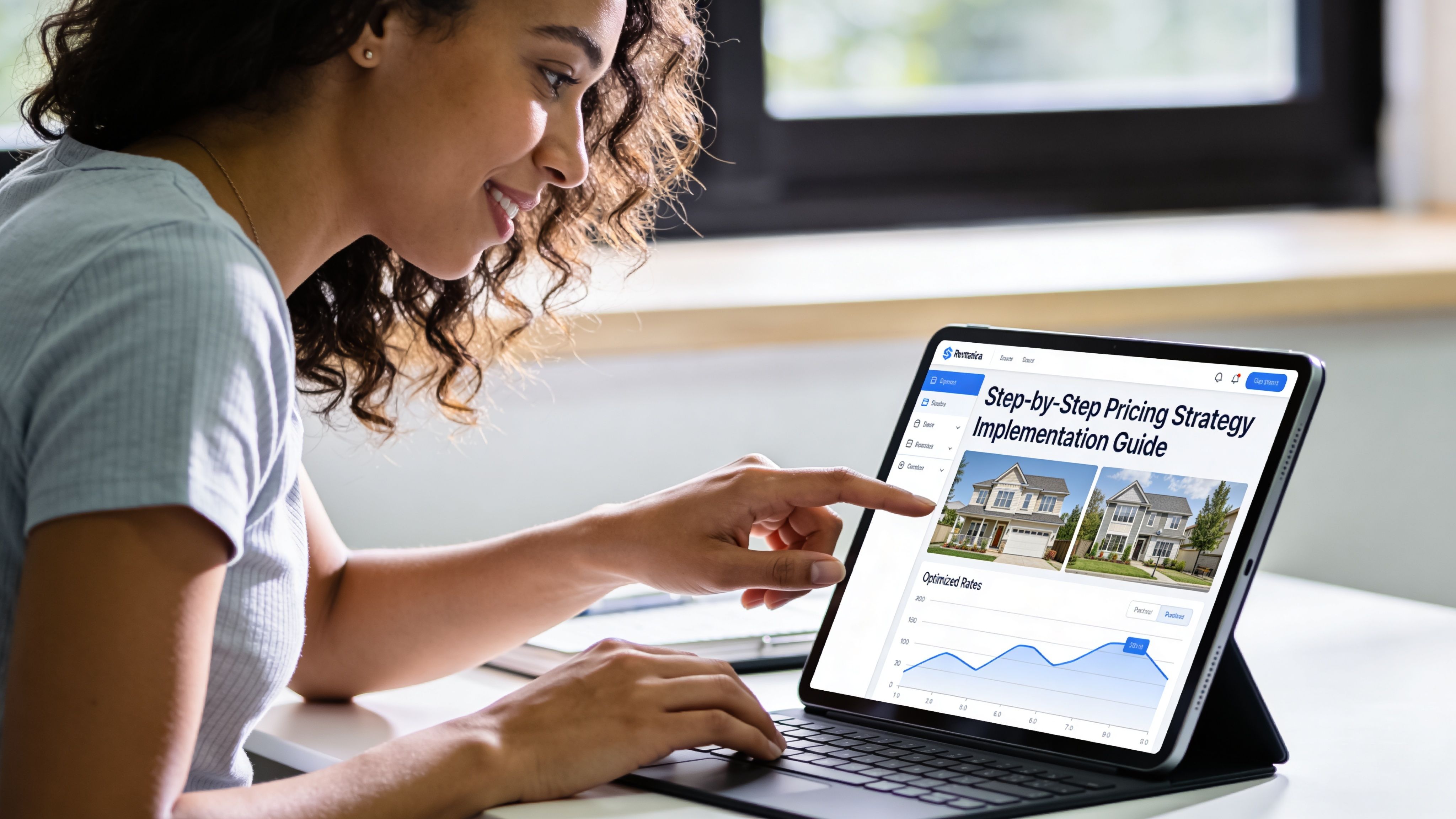 A smiling woman using a tablet to review a step-by-step pricing strategy guide for rental properties.