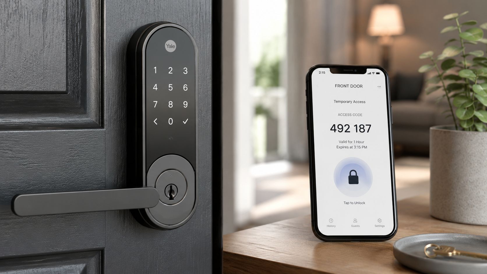 A Yale smart door lock installed on a black door next to a smartphone displaying access code.