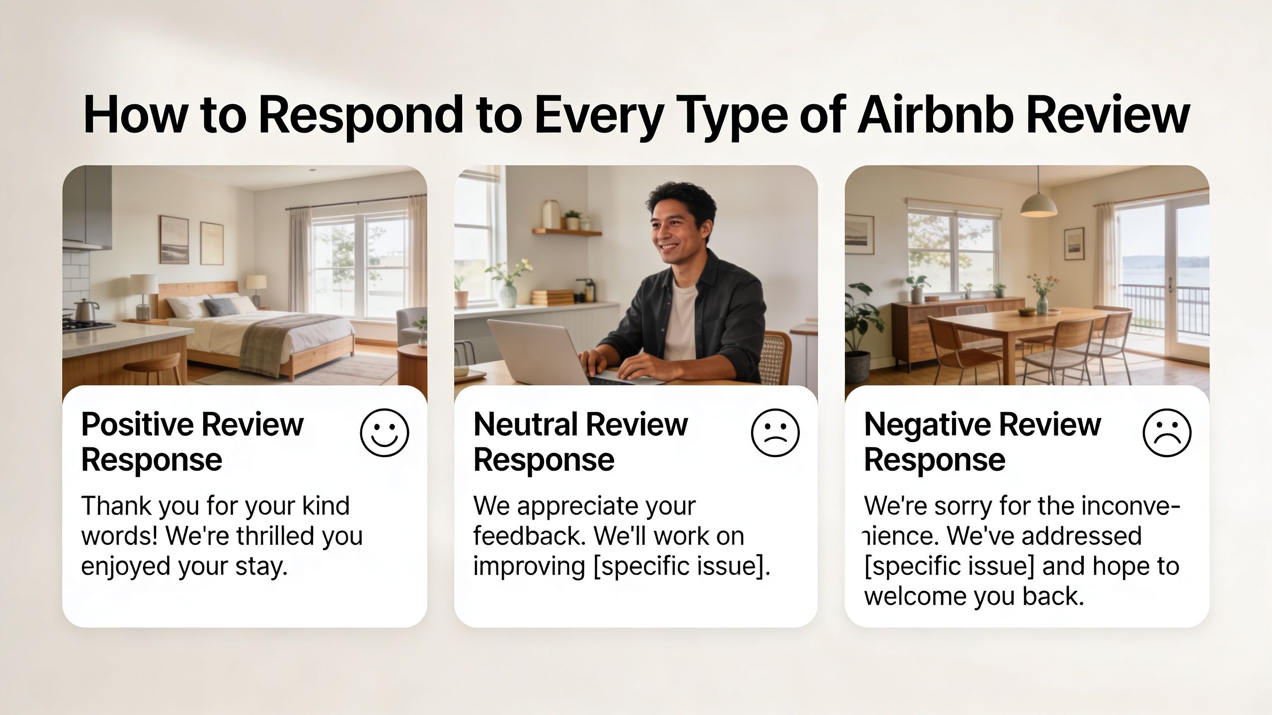 An infographic showing examples of how to write responses to positive, neutral, and negative Airbnb guest reviews.