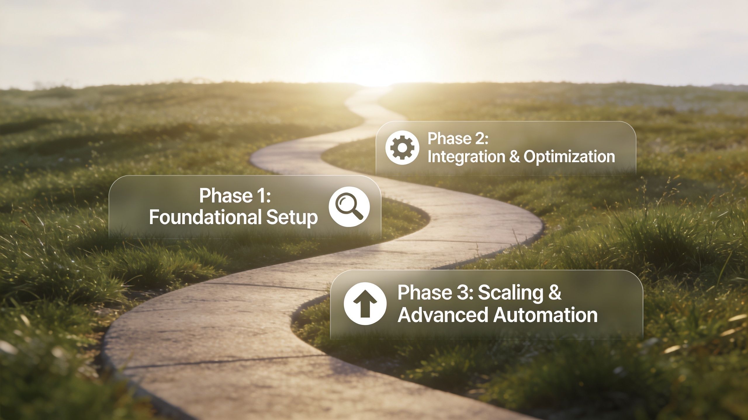 A path through a grassy landscape representing the three phases of short term rental automation strategy.