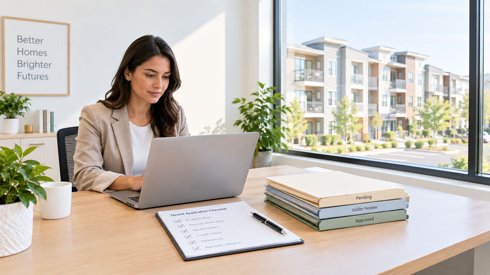 A professional property manager working on a laptop with a tenant application checklist on her office desk.