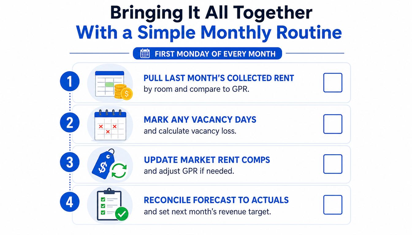 A checklist infographic outlining a simple four-step monthly routine for managing property gross potential rent effectively.