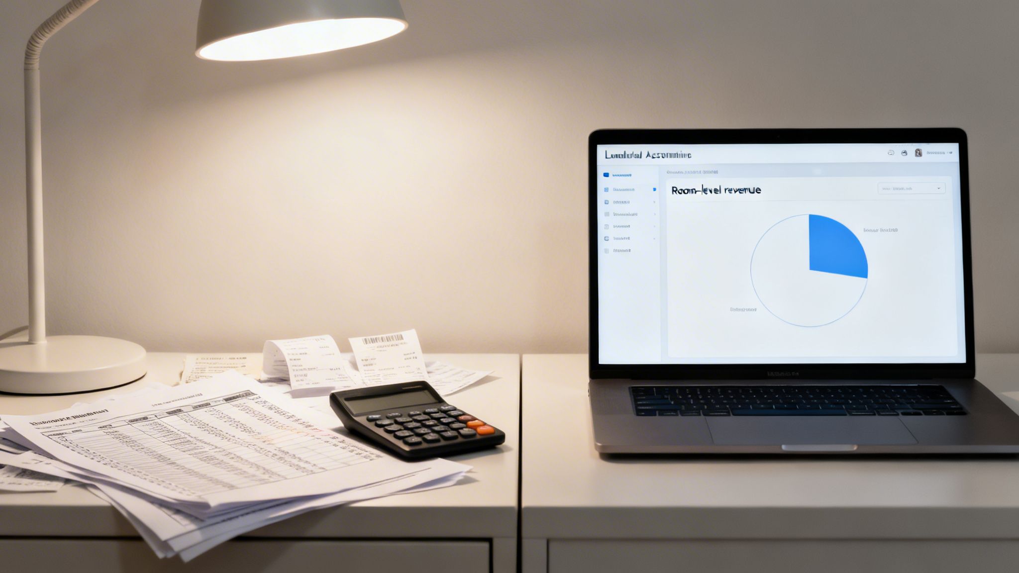 A desk with a laptop displaying accounting software, a calculator, receipts, and papers for financial management.