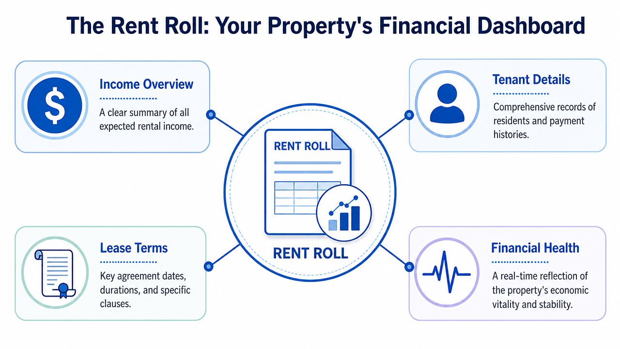 A diagram illustrating the Rent Roll as a property financial dashboard with four key component categories.