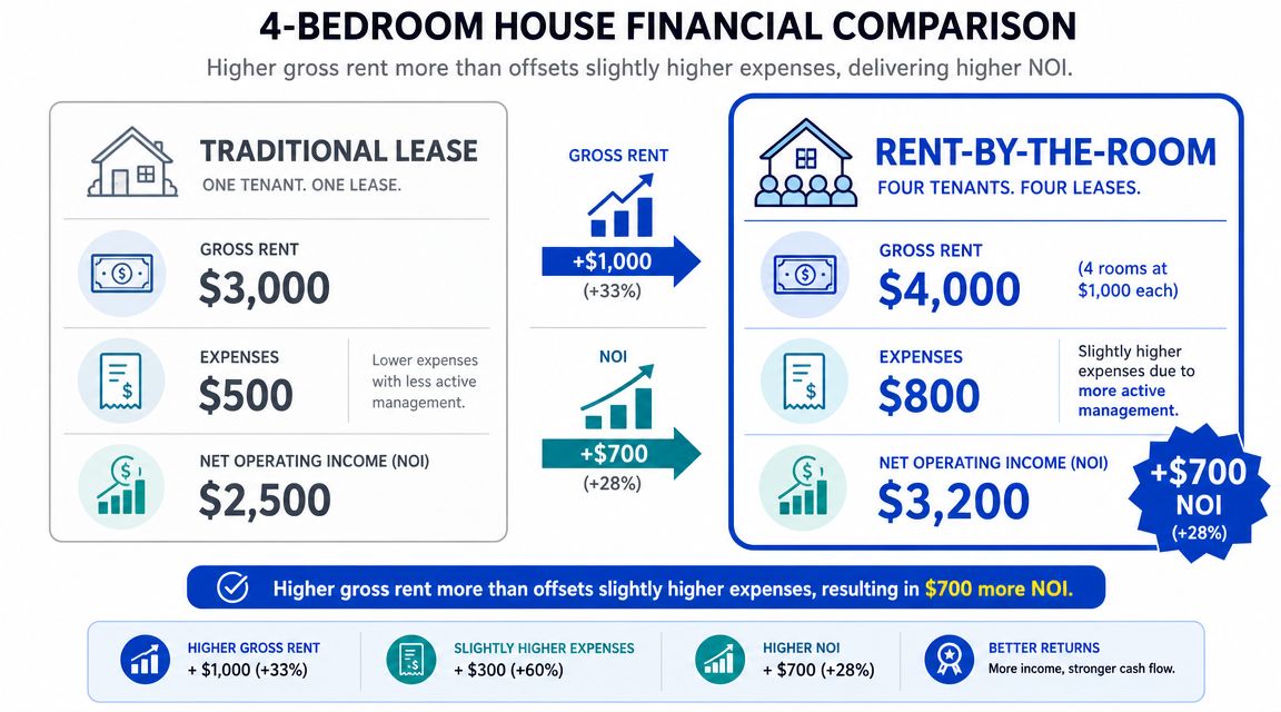 A financial comparison infographic showing the higher net operating income of rent-by-the-room versus traditional lease models.