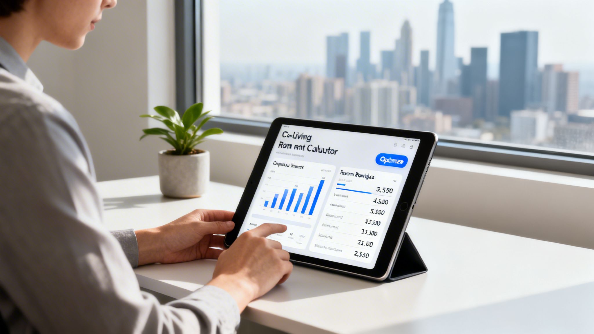 A person uses a tablet displaying a room rent calculator app with charts, overlooking a city.