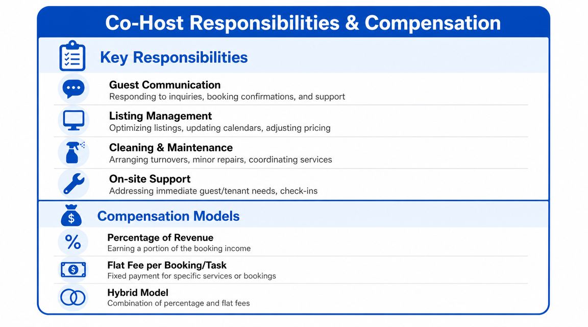 A chart showing co-host responsibilities including guest communication and listing management, alongside various common compensation models.