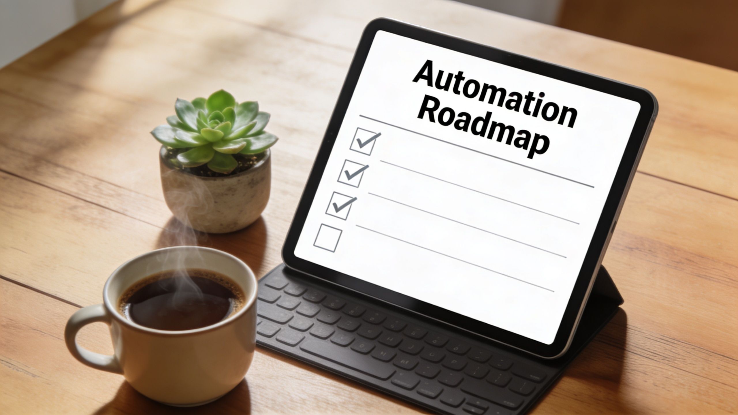 A tablet on a wooden desk displaying an automation roadmap with checkmarks, a succulent, and steaming coffee.
