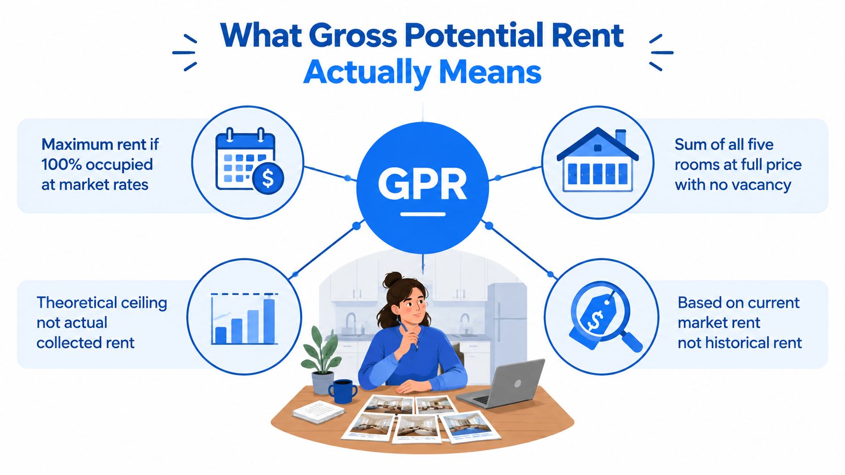 An infographic explaining the concept of Gross Potential Rent with four key points and an illustration.