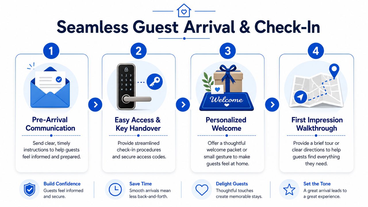 A four-step infographic illustrating strategies for seamless guest arrival and check-in to enhance hospitality experiences.