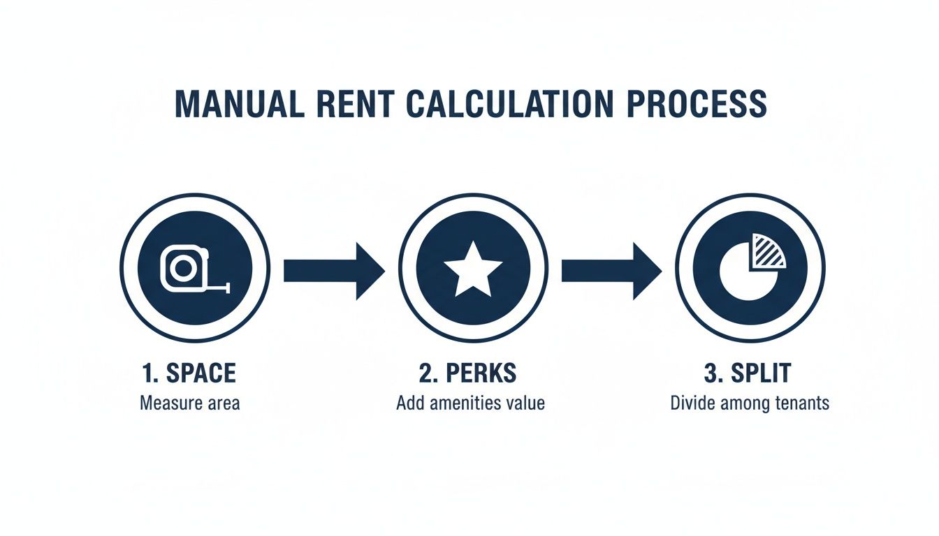 A diagram showing the three-step manual rent calculation process: space, perks, and split.