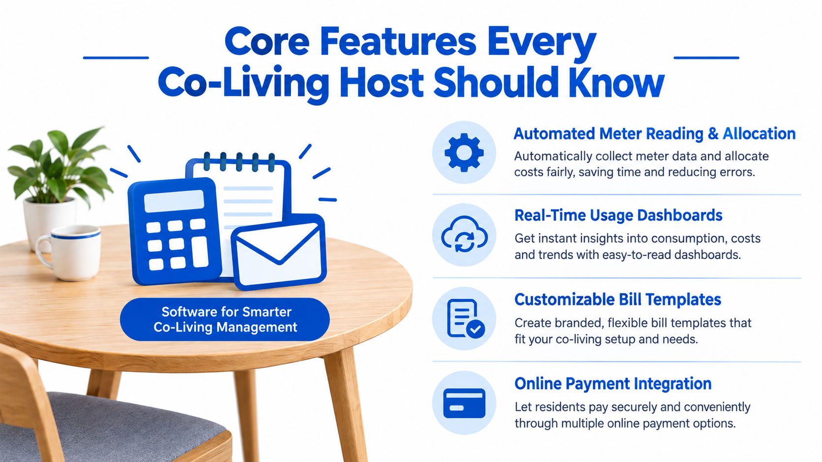 An infographic titled Core Features Every Co-Living Host Should Know, listing automated billing, usage dashboards, and payments.