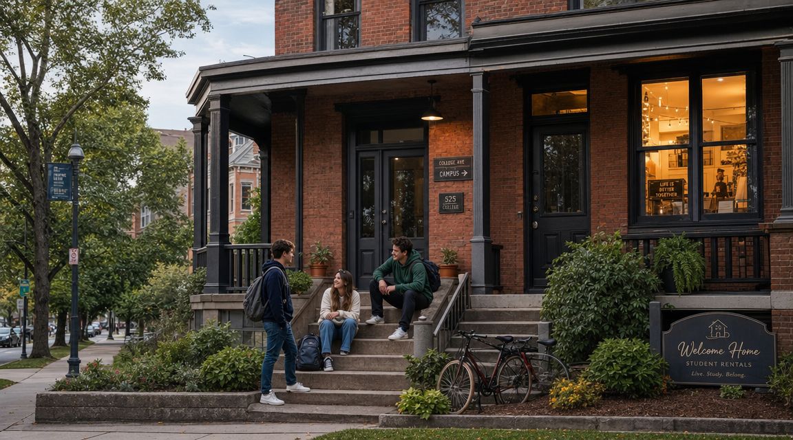 Three college students chatting while sitting on the steps of a brick building with student rentals.