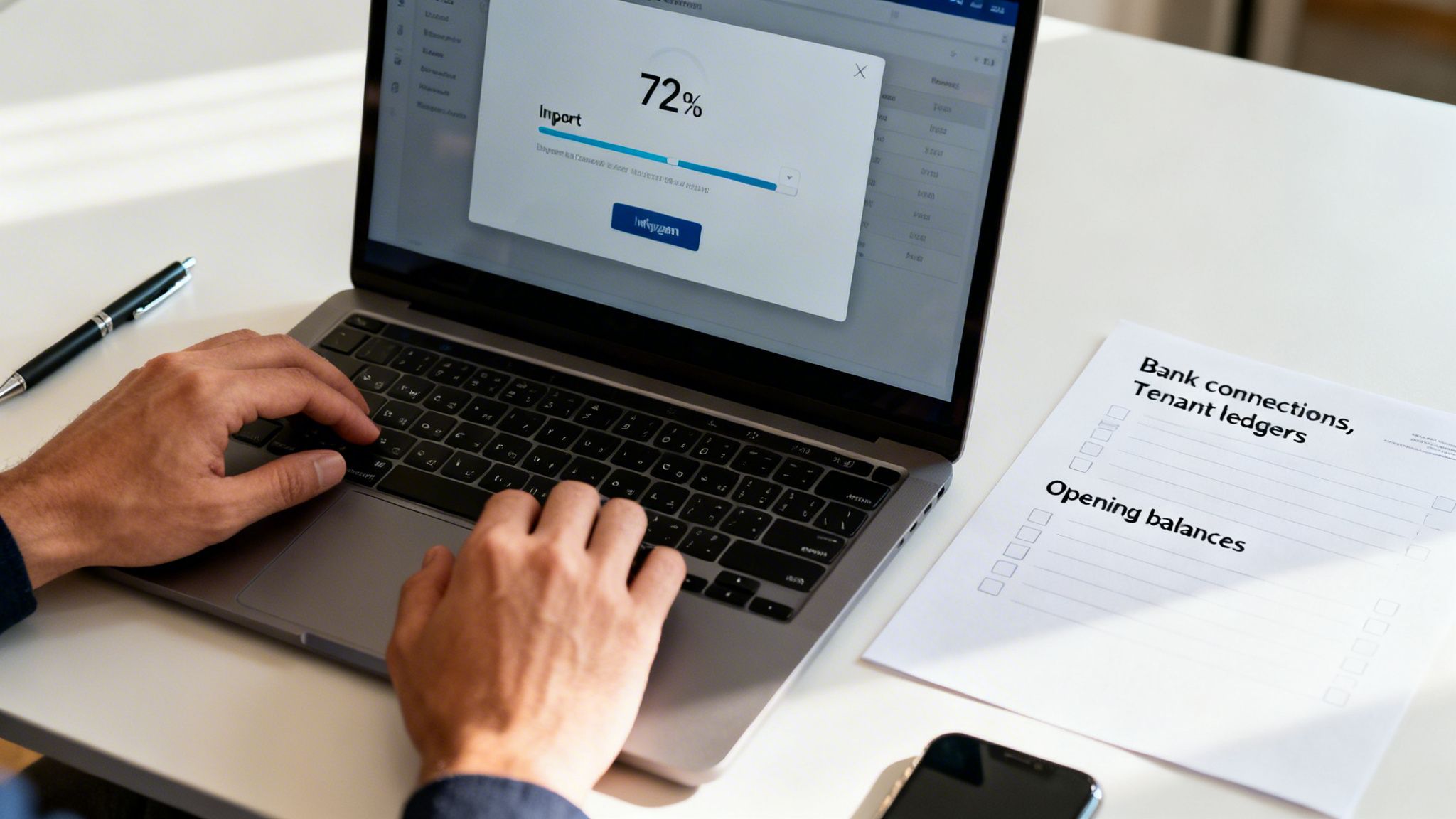 Hands typing on a laptop screen displaying a 72% data import process, next to a financial checklist.