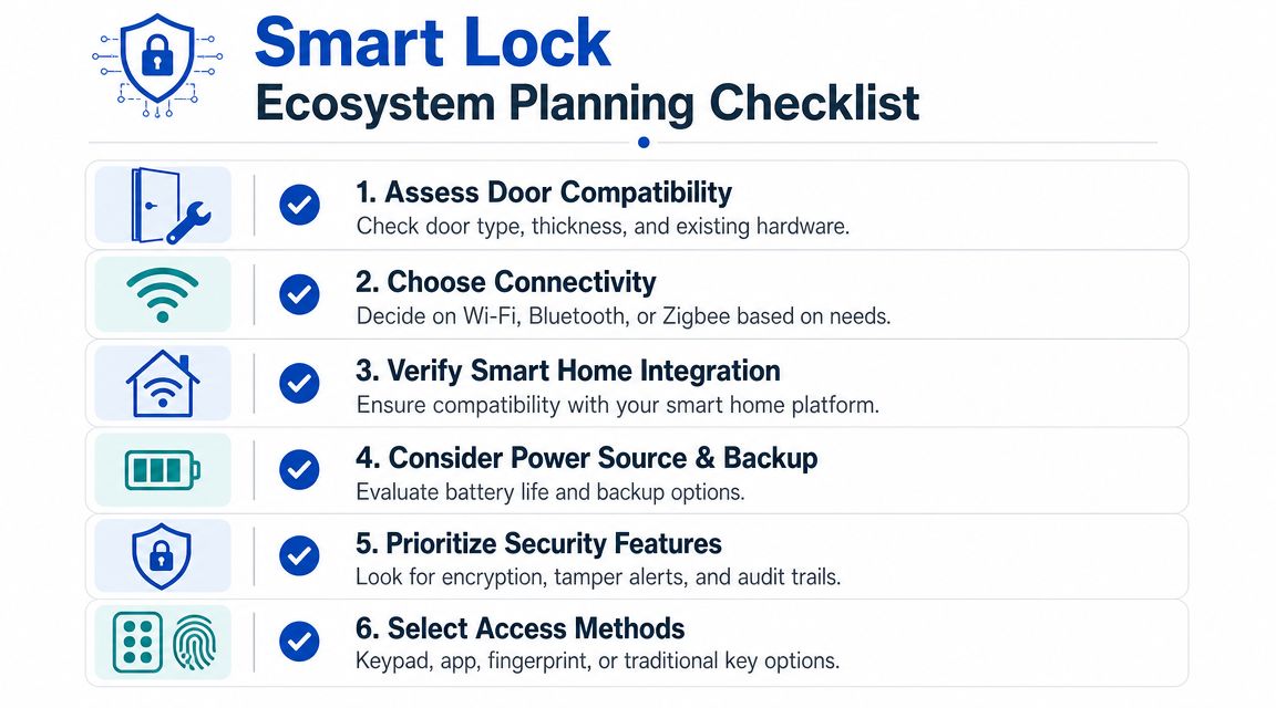 A six-step checklist for planning a smart lock ecosystem, highlighting door compatibility, connectivity, integration, and security.