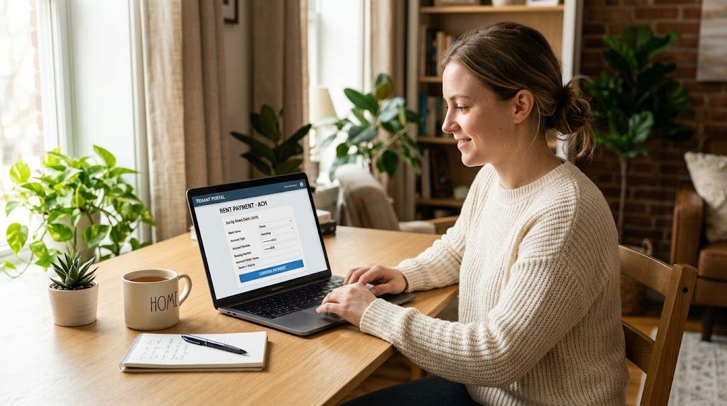 A woman using a laptop to make an online rent payment via ACH from her home office.