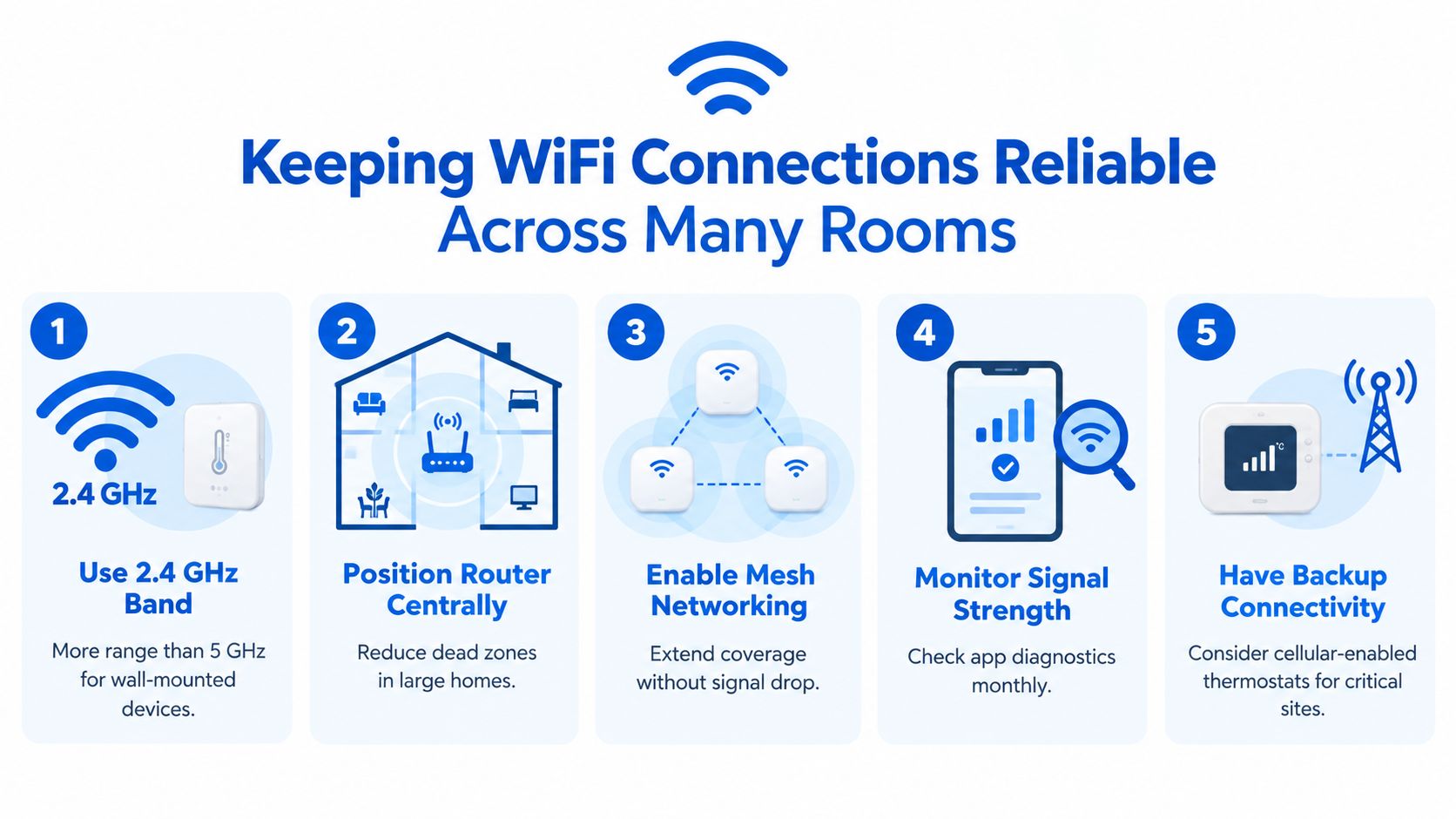 An infographic showing five tips for maintaining reliable Wi-Fi connections in homes for smart devices.