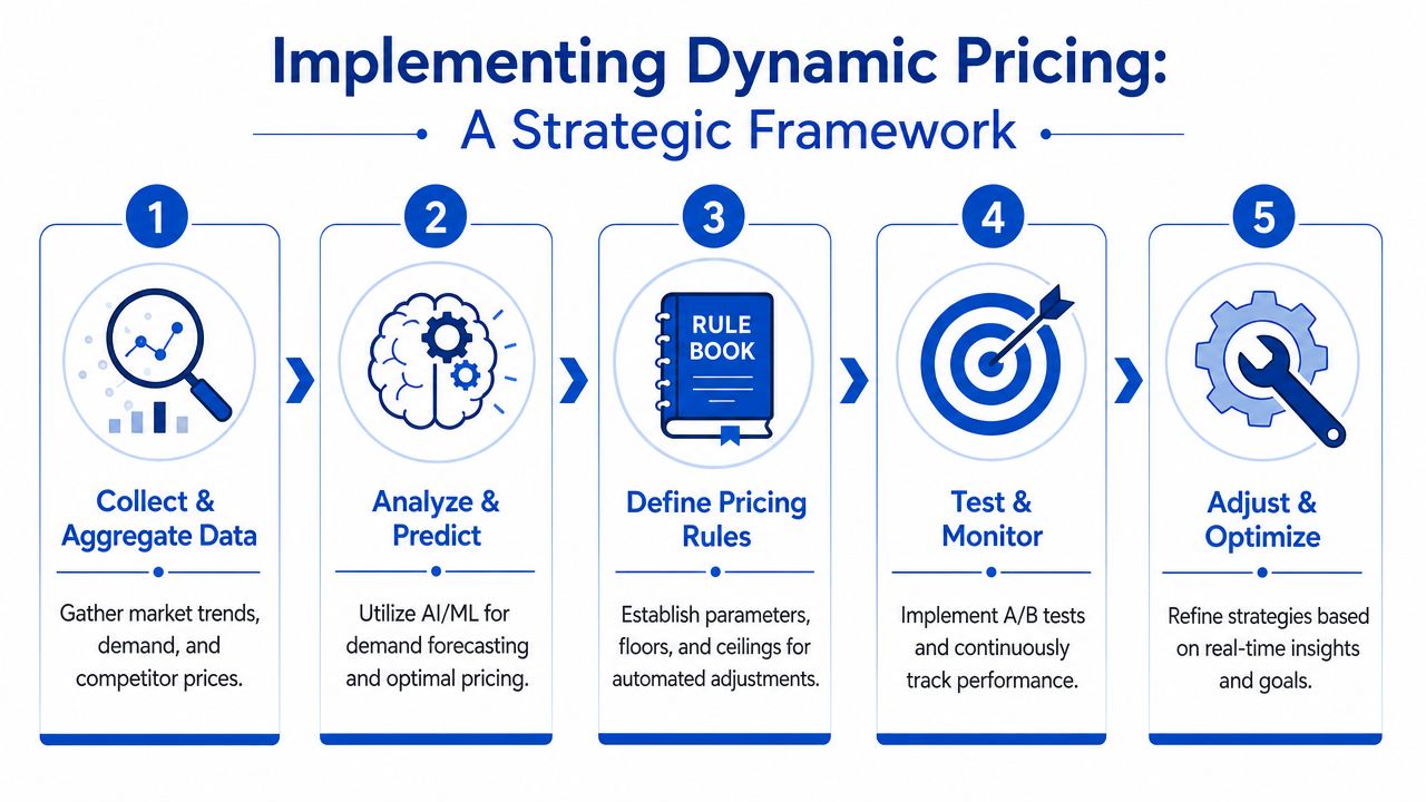 A five-step strategic framework illustration for implementing dynamic pricing for businesses to optimize their pricing strategies.