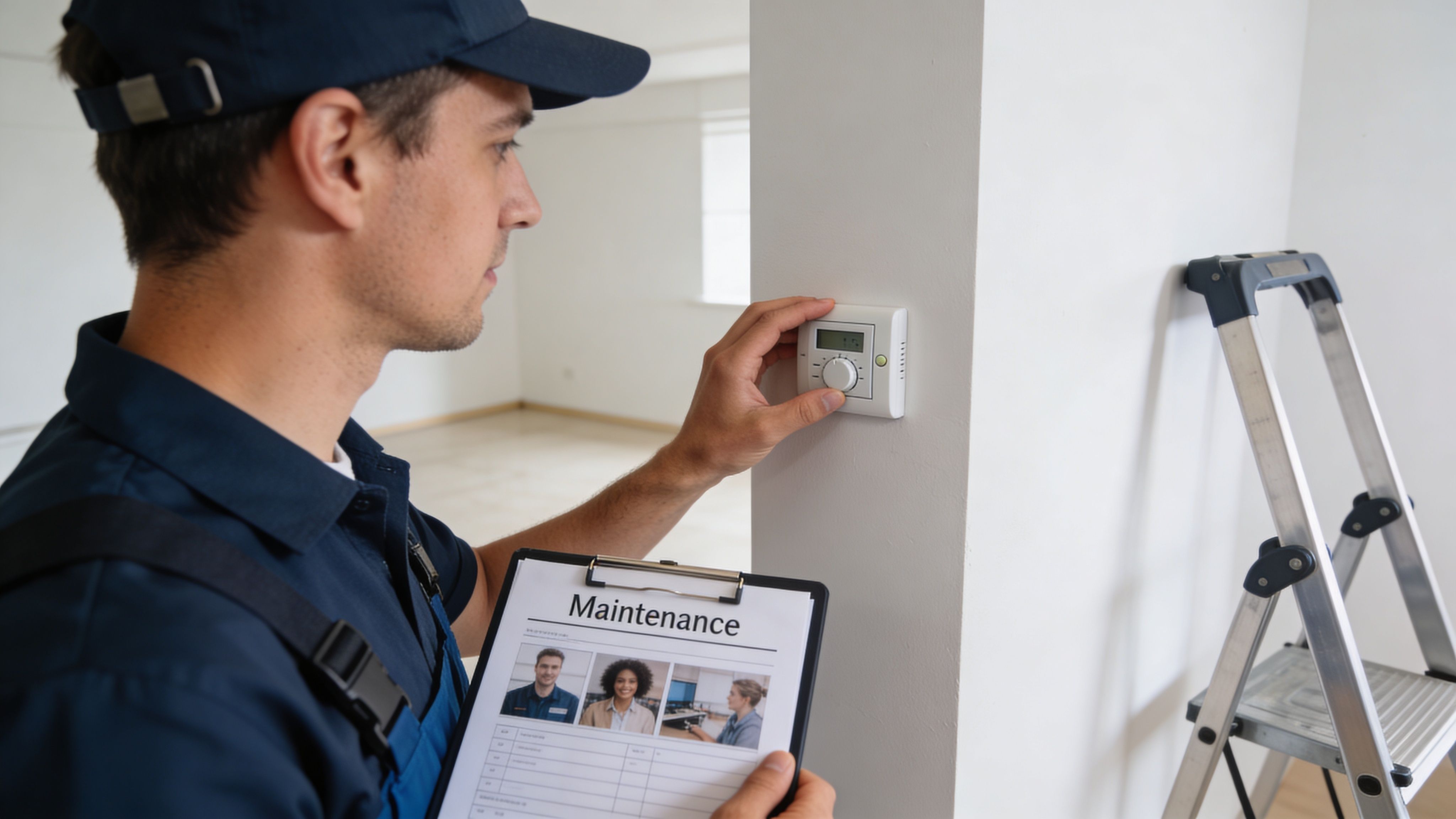 A professional maintenance worker in a blue uniform inspecting a wall thermostat with a clipboard.