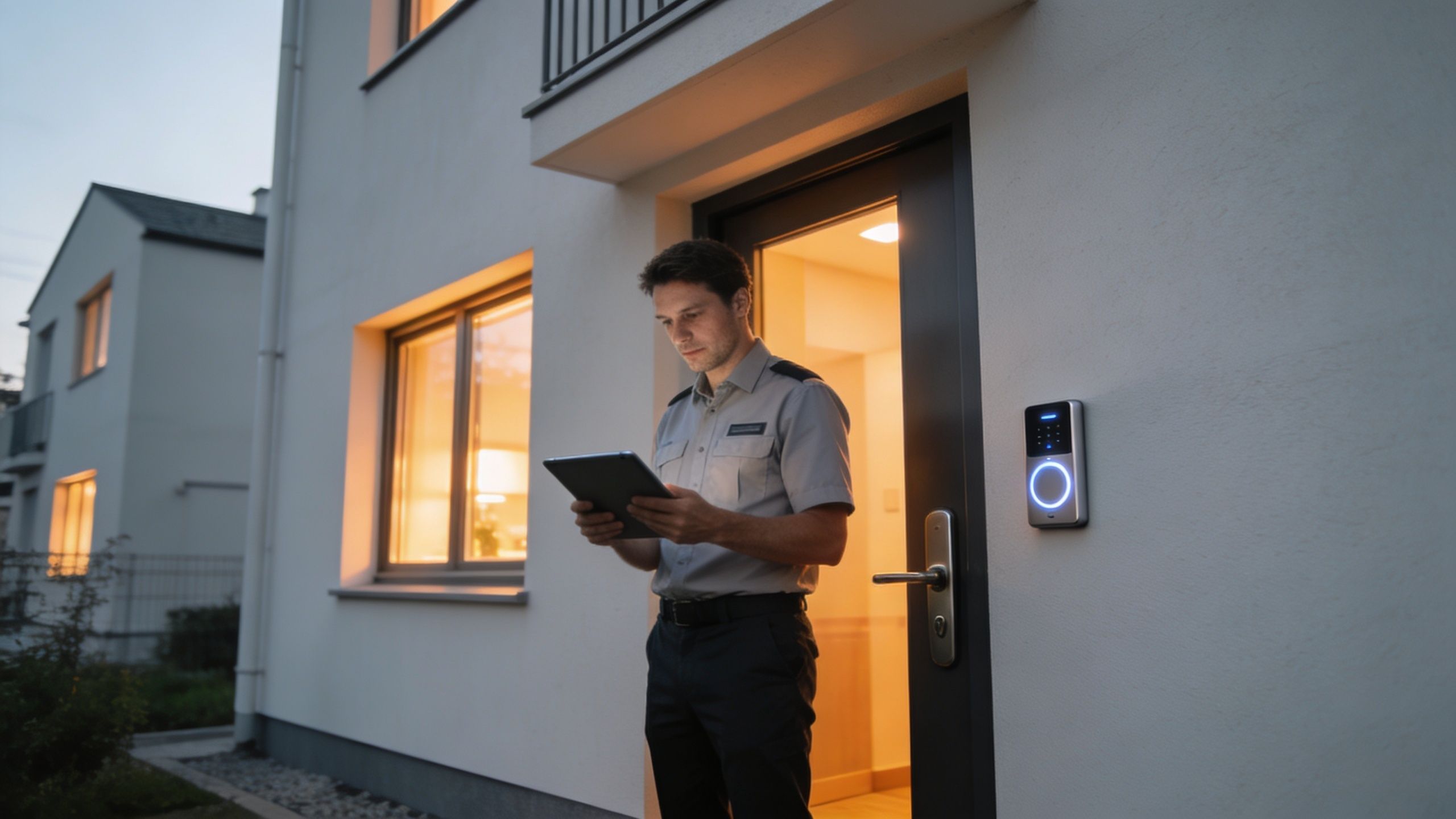 A uniformed security professional using a tablet while standing in front of a modern residential front door.
