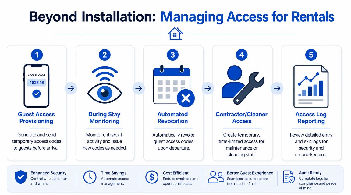 An infographic illustrating five steps for managing smart lock access for rental properties including automated guest entry.
