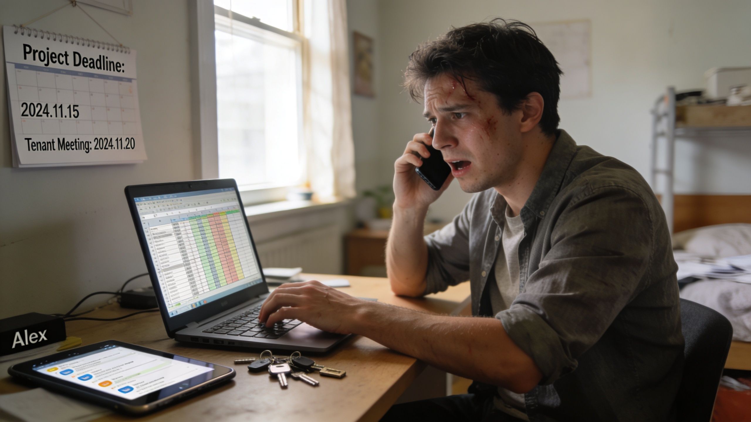 A stressed man with a bruised face works on a laptop while on a phone call.