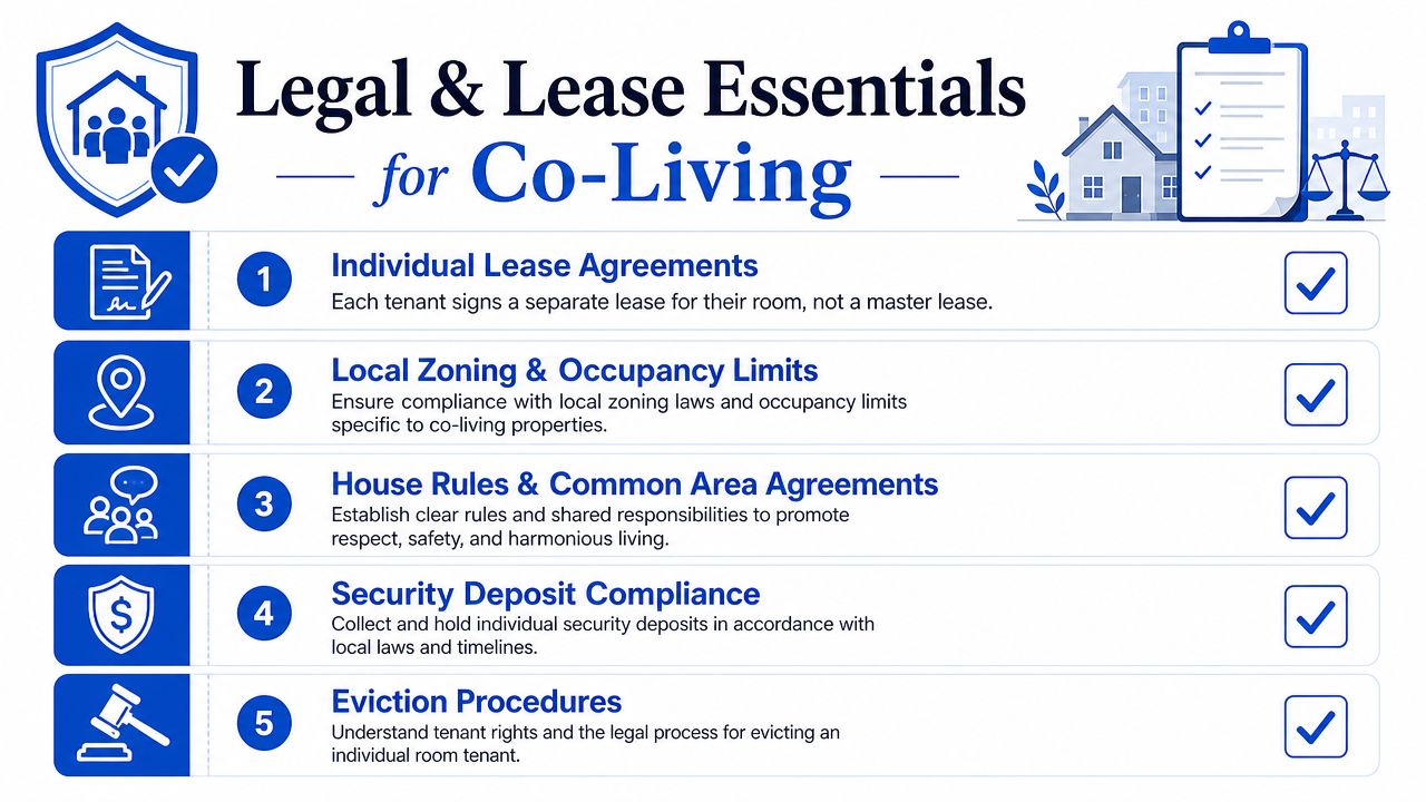 A list of five essential legal and leasing considerations for managing co-living rental properties and tenants.