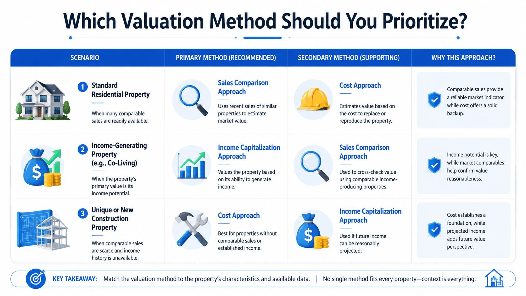 An infographic showing three different property valuation methods based on specific real estate scenarios and market contexts.