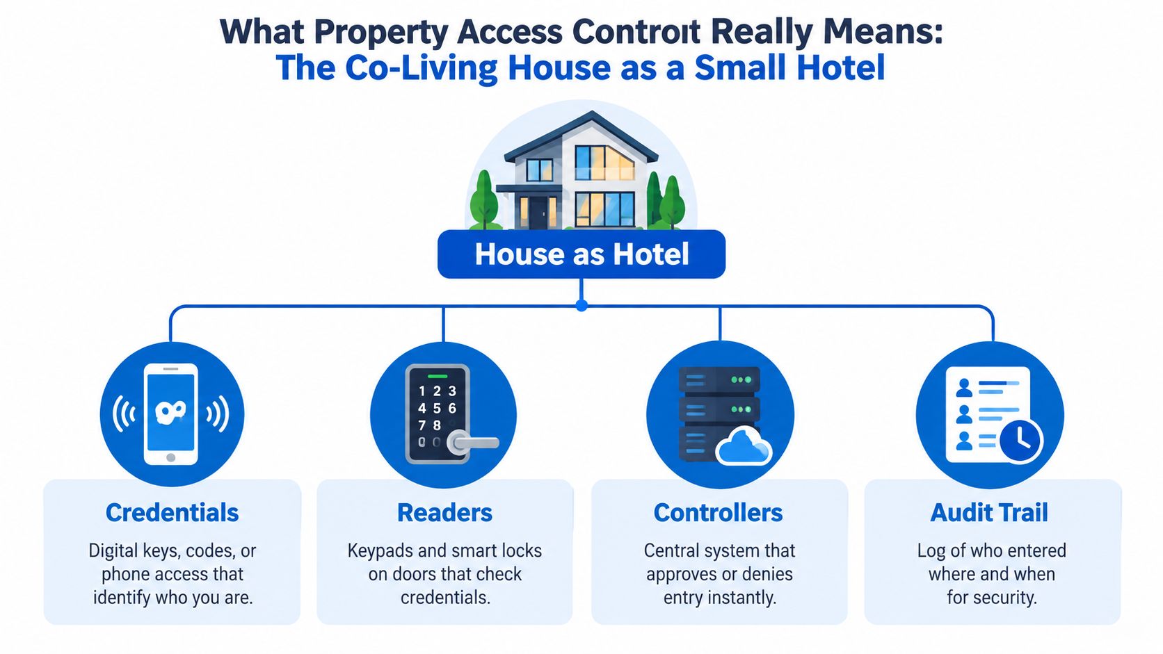 A diagram illustrating how co-living houses use access control systems like keys, readers, controllers, and audit trails.