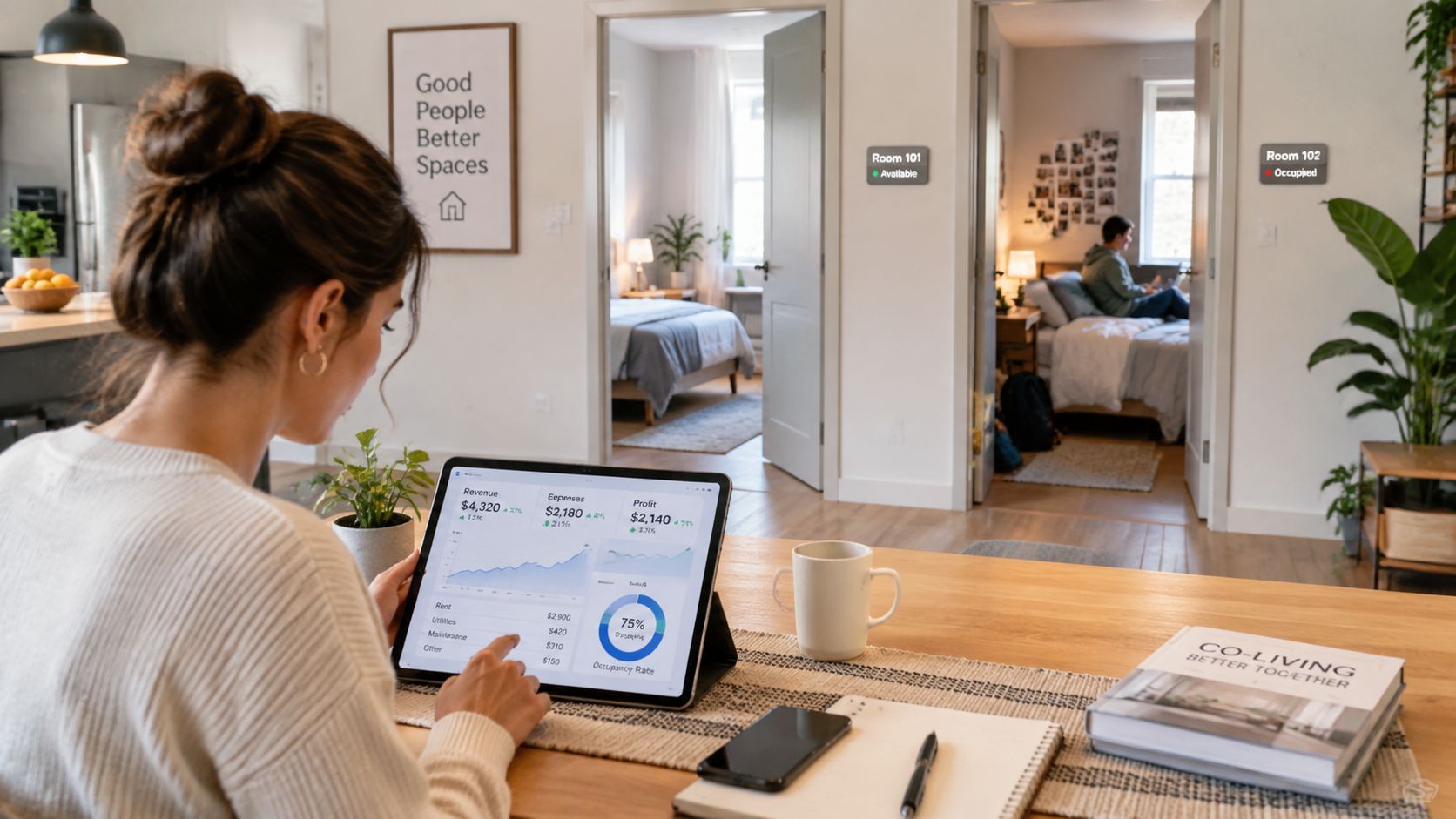 A woman reviewing property rental revenue data on a tablet inside a modern co-living space apartment.