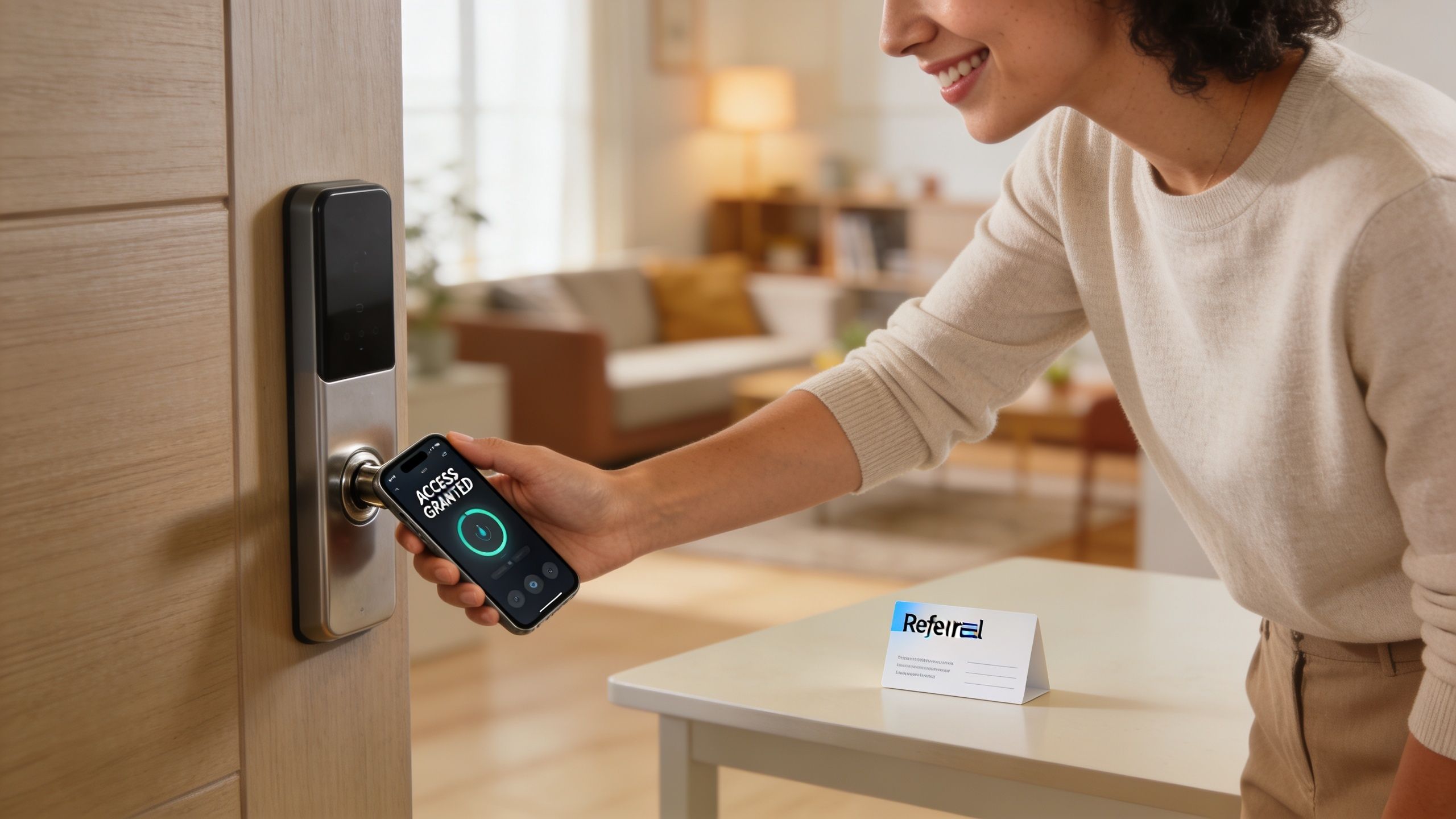 A woman uses a smartphone app to unlock a smart door lock in her home interior.