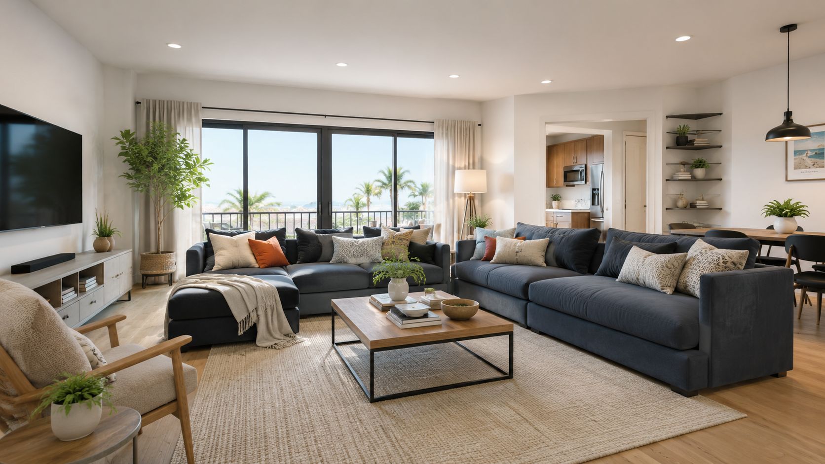 A bright, modern open-concept living room with a comfortable sectional sofa, wooden coffee table, and patio view.