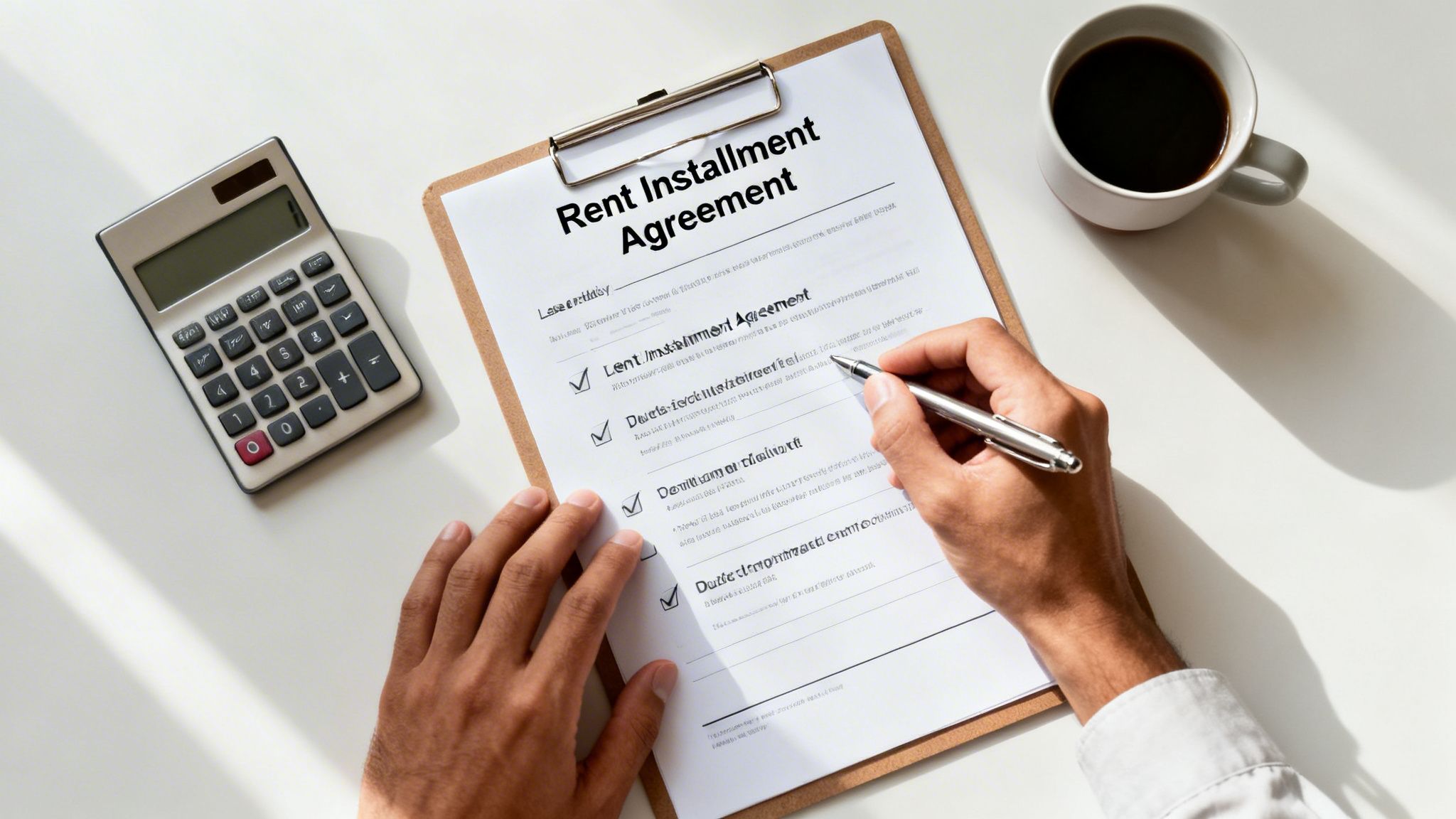Close-up of a person's hands signing a 'Rent Installment Agreement' document on a desk with a calculator and coffee.