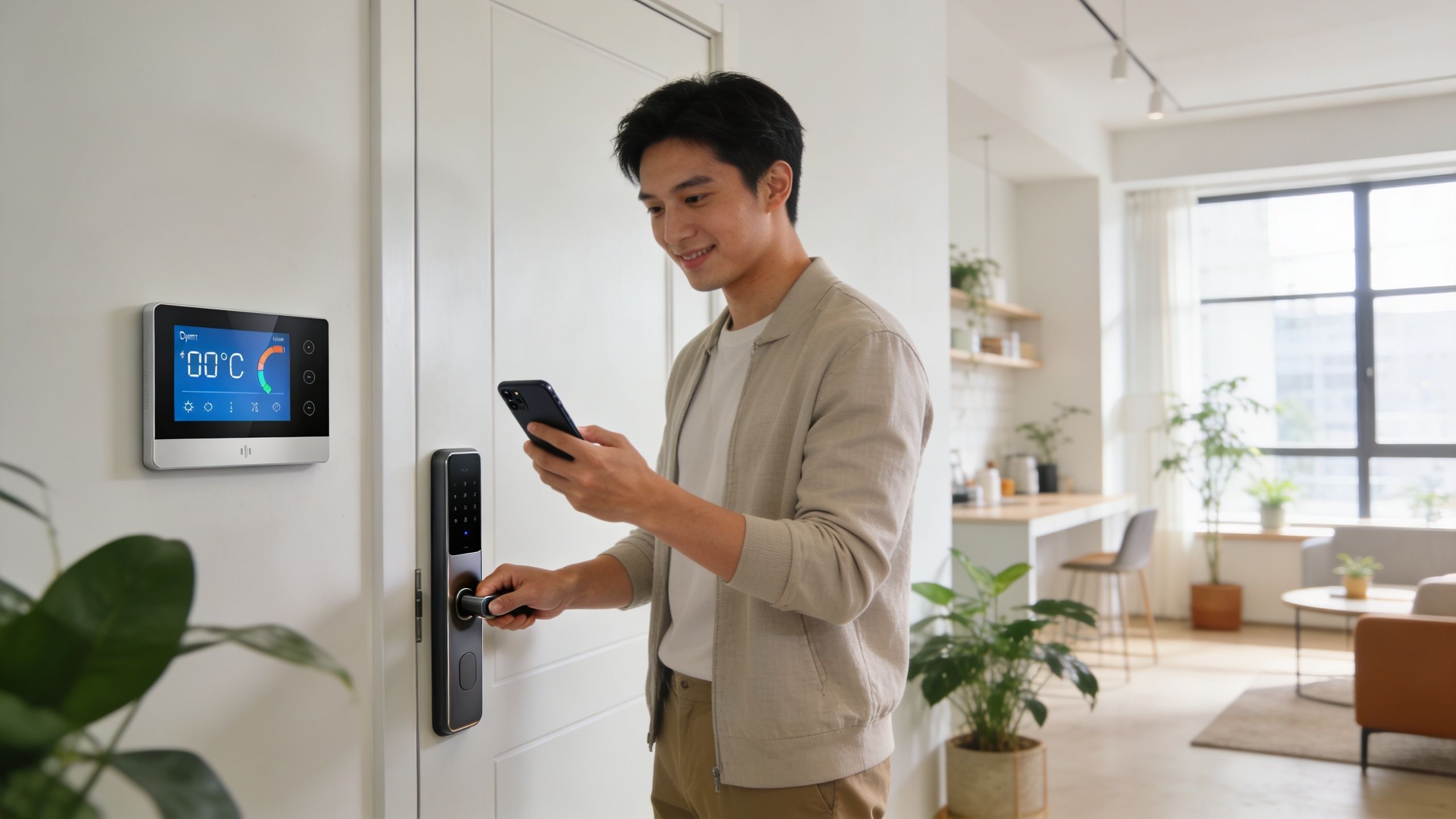 A young man holding a smartphone while using a smart lock on a door in a modern home.