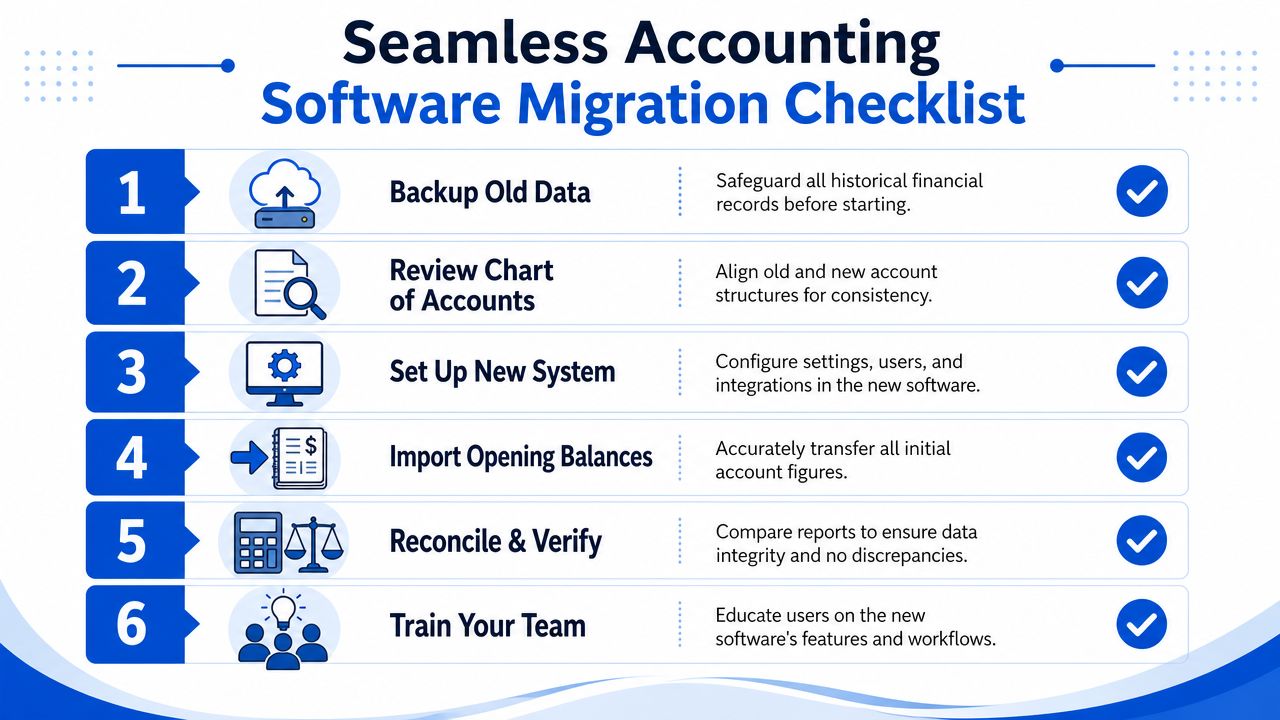 A six-step checklist for seamless accounting software migration with icons and descriptions for each process.