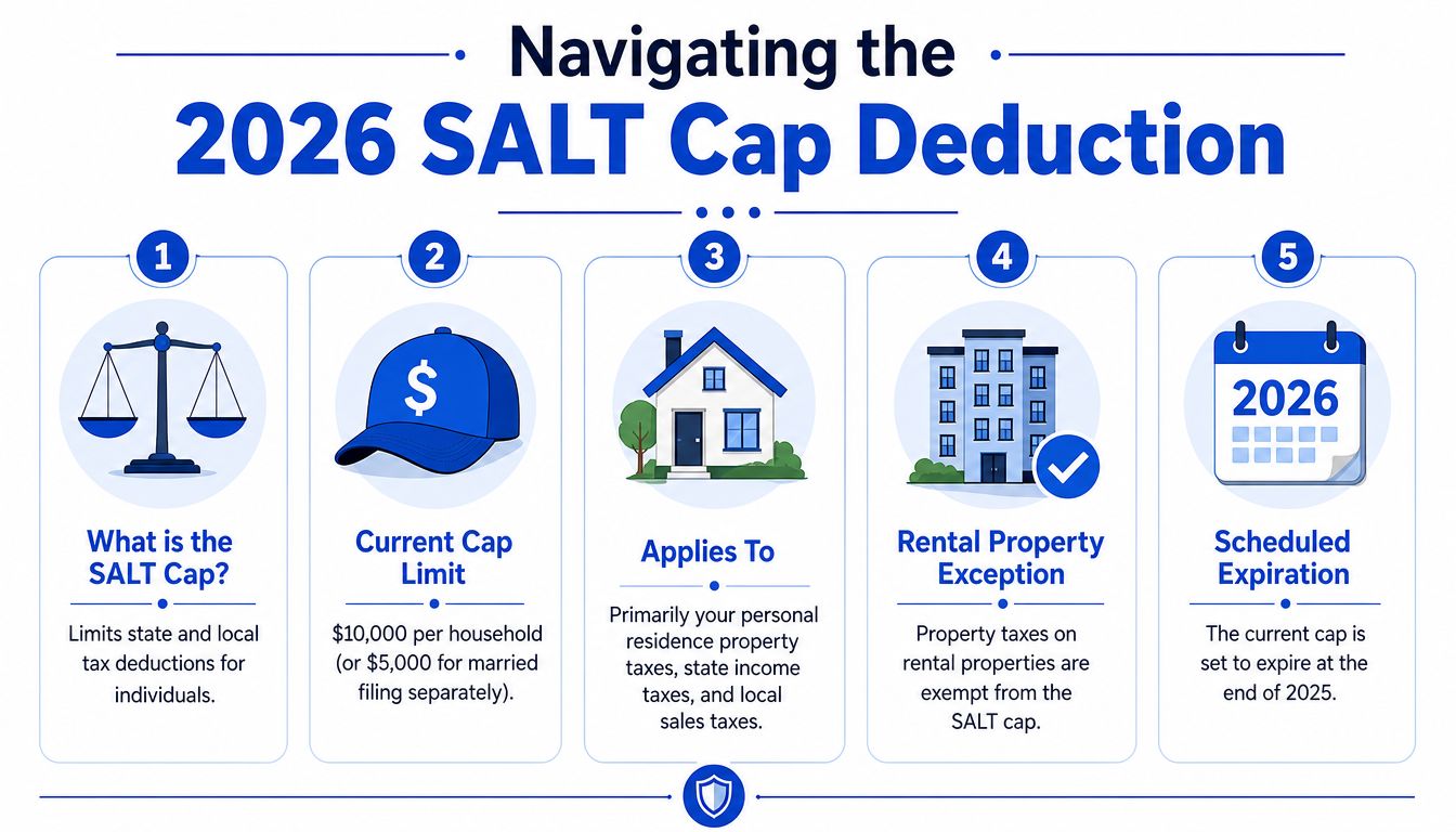 An infographic titled Navigating the 2026 SALT Cap Deduction explaining tax rules for state and local taxes.