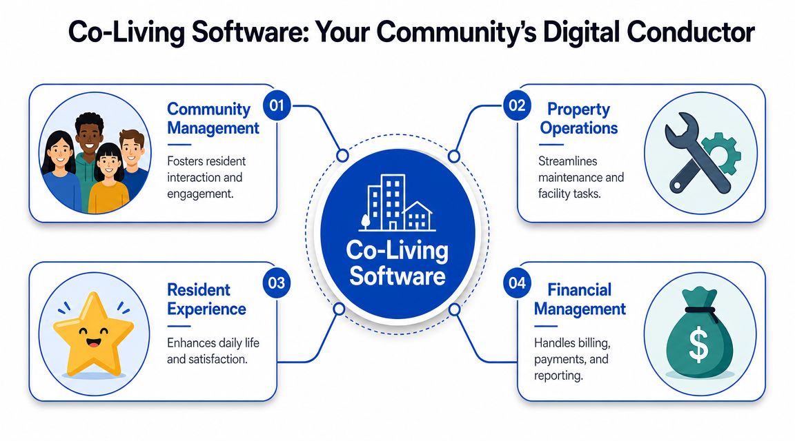 A diagram illustrating four key functions of co-living software: community management, property operations, resident experience, and financial management.