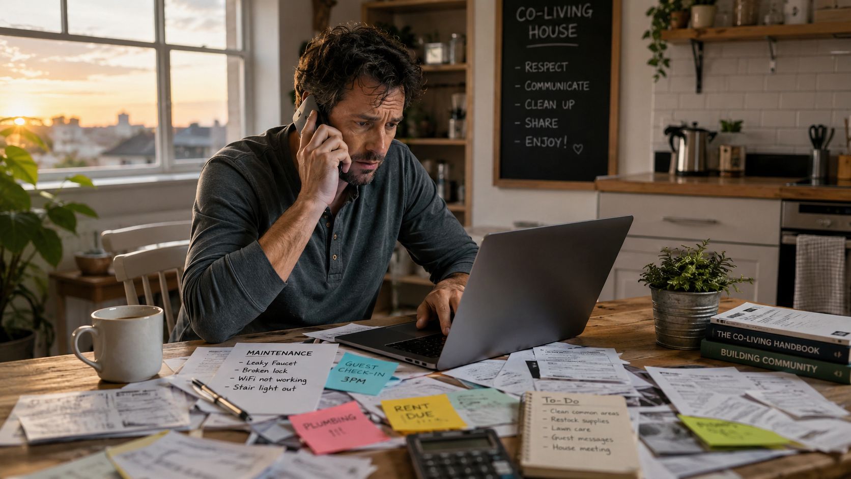 A property manager on a phone call works at a cluttered desk filled with maintenance notes and invoices.