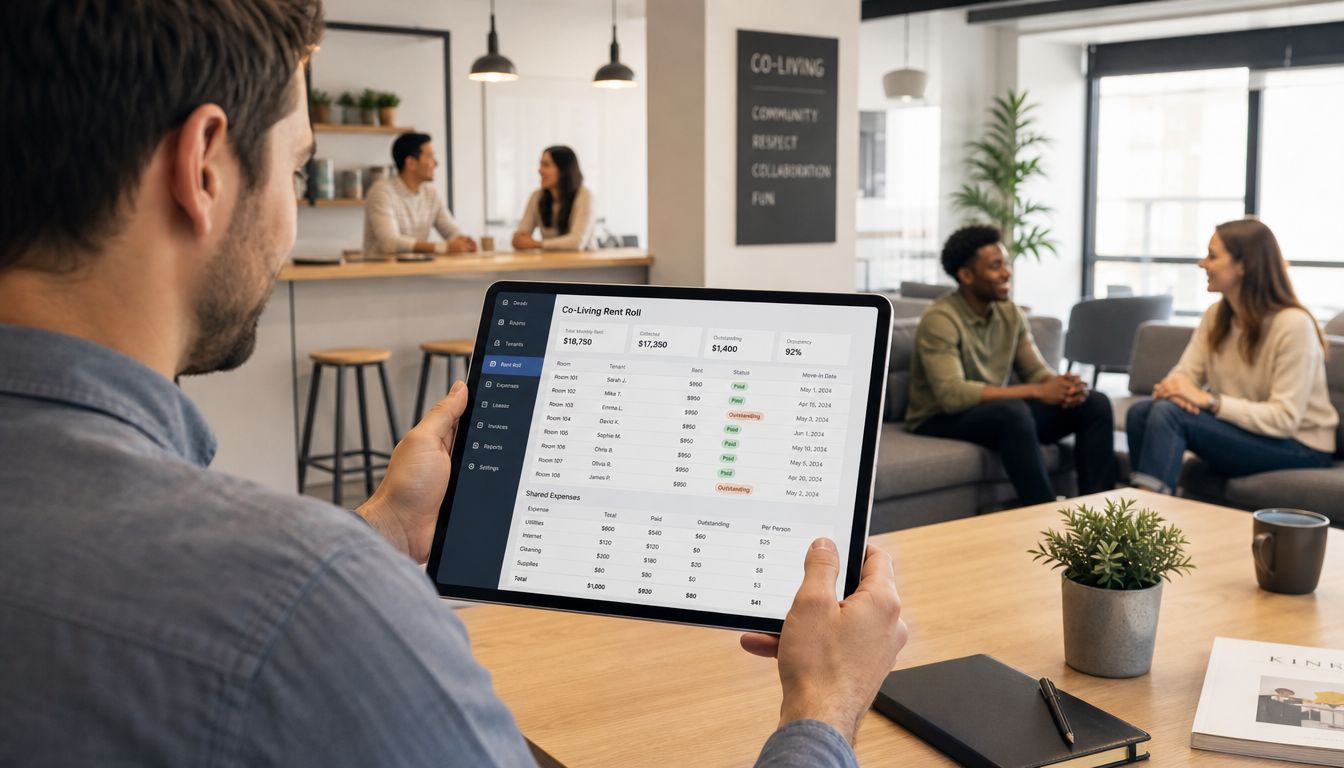 A person reviewing a co-living rent roll dashboard on a tablet while sitting in a shared office.
