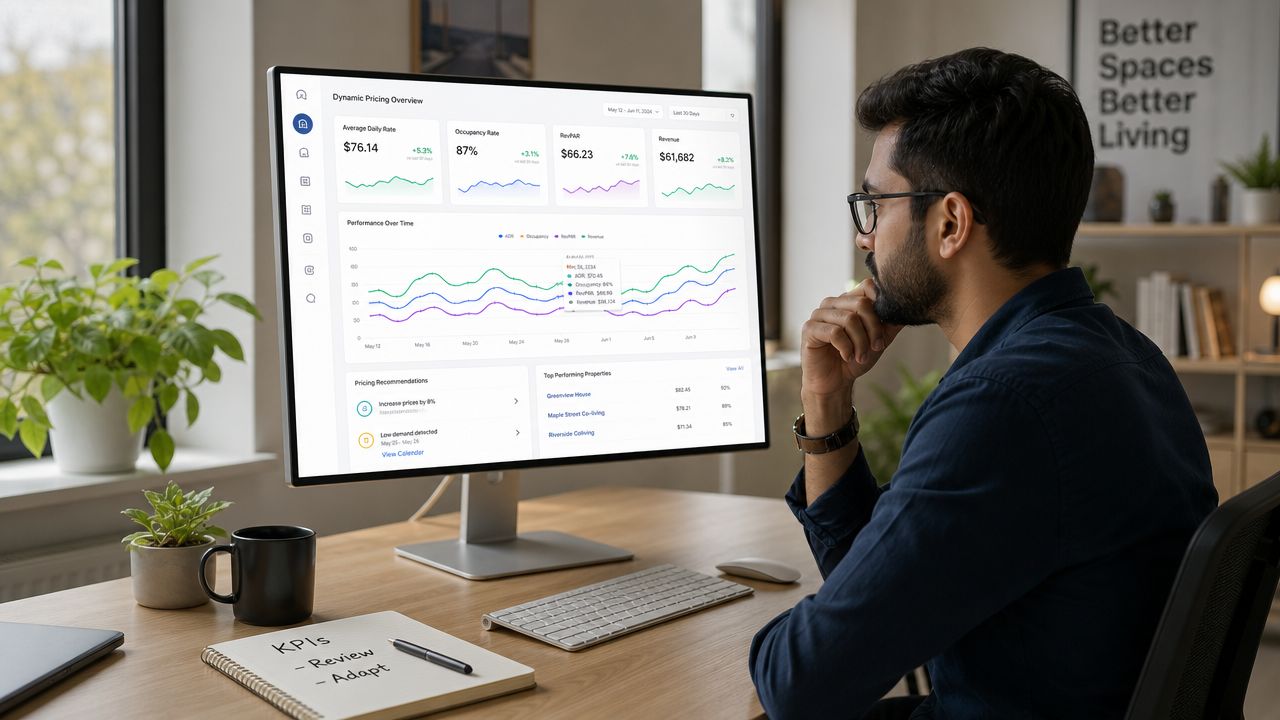 A professional analyzing dynamic pricing performance metrics on a computer screen in a bright modern office.